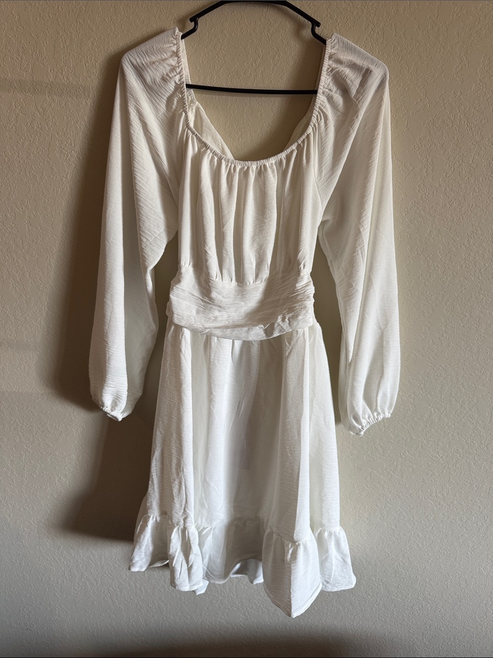 White Long-Sleeve Peasant Waist Mini Dress